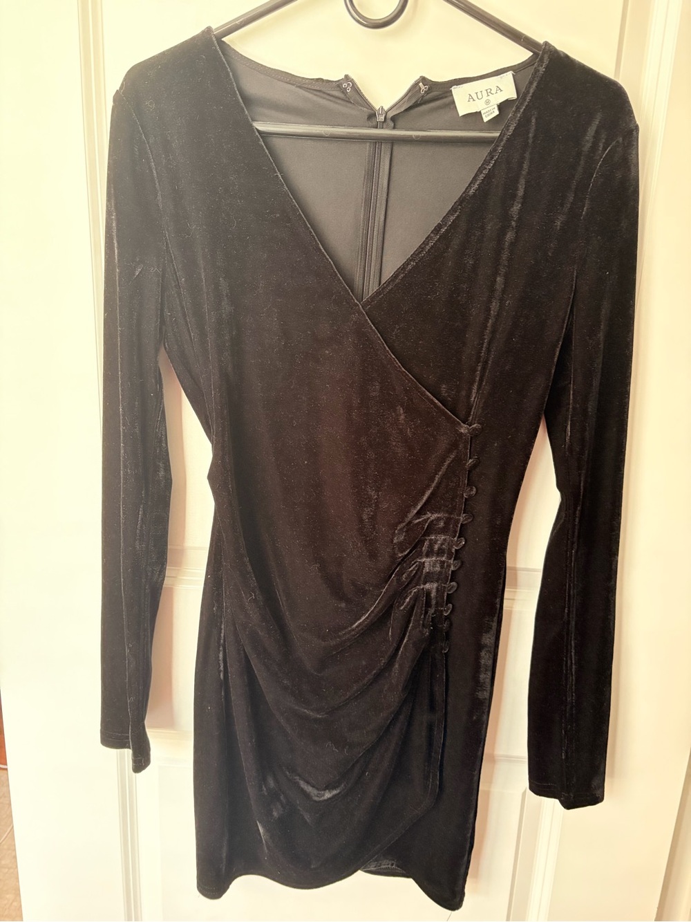 AURA Black Velvet Ruched Long Sleeve Mini Dress